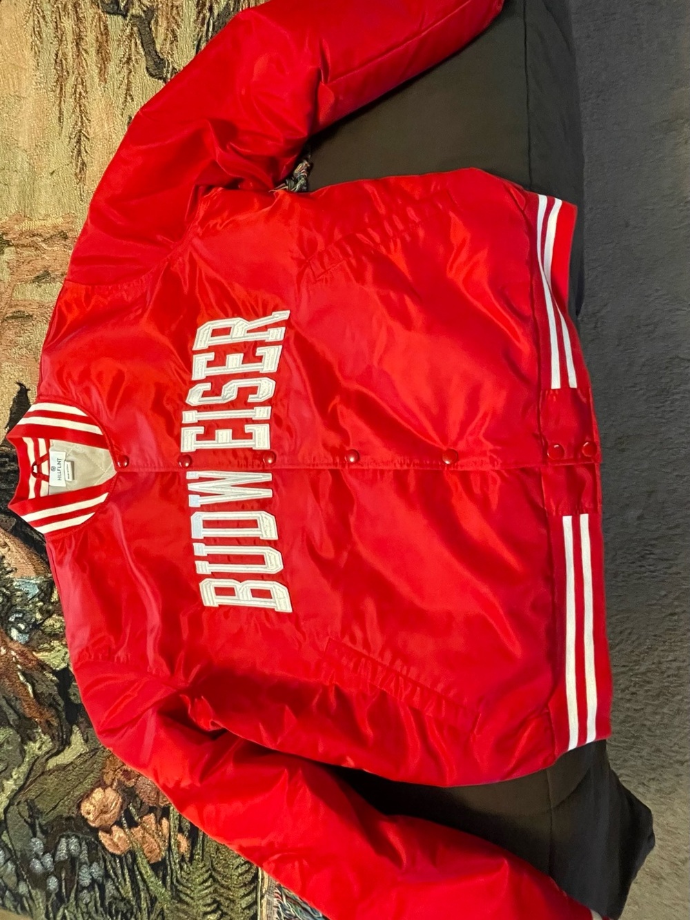 Budweiser Red Satin Varsity-Style Bomber Jacket with White Trim